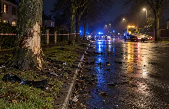 Uszkodzone drzewo i radiowóz na mokrej ulicy po nocnym wypadku pod Brugią