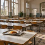 Pusta stołówka szkolna z tacą z ciepłym posiłkiem