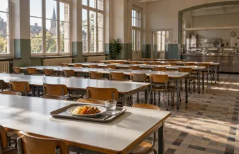 Pusta stołówka szkolna z tacą z ciepłym posiłkiem