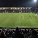 Mecz piłkarski na niewielkim stadionie przy sztucznym oświetleniu, widok z trybun