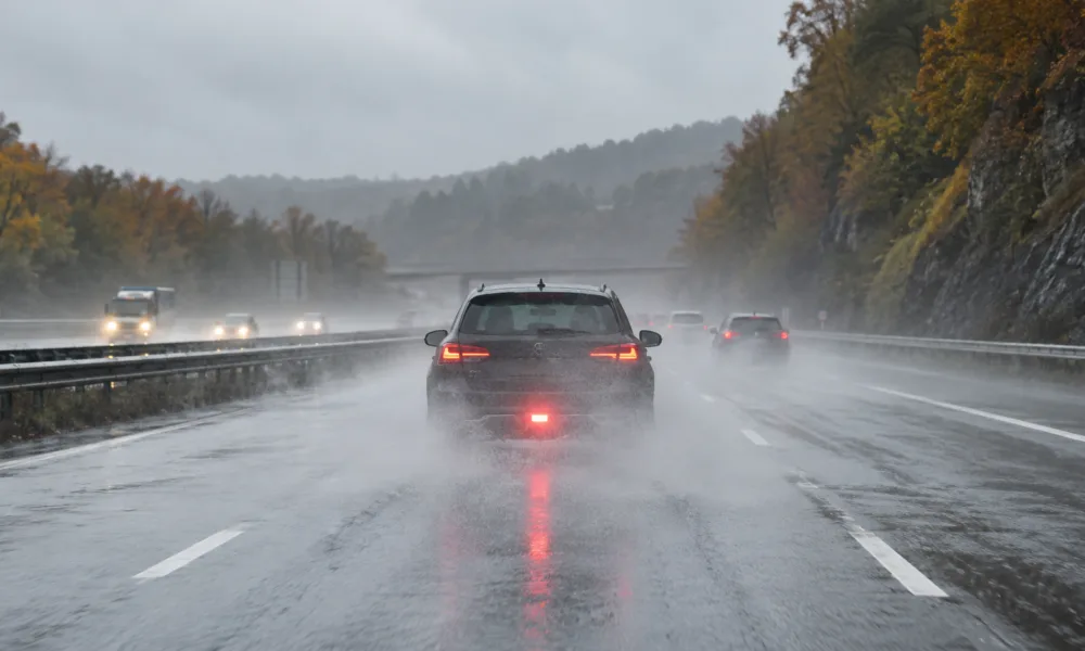 Samochód z włączonym tylnym światłem przeciwmgielnym na autostradzie w ulewnym deszczu