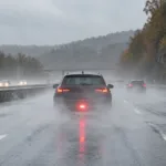 Samochód z włączonym tylnym światłem przeciwmgielnym na autostradzie w ulewnym deszczu