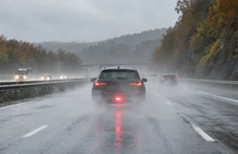 Samochód z włączonym tylnym światłem przeciwmgielnym na autostradzie w ulewnym deszczu