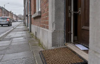 Drzwi domu z założonym łańcuchem zabezpieczającym przy ulicy z ceglanymi domami, w tle odjeżdżający samochód