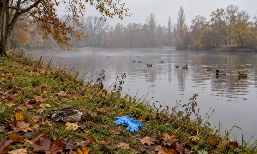 Brzeg stawu w parku we Flandrii jesiennym porankiem, martwa kaczka na trawie i jednorazowe rękawiczki, w tle dzikie kaczki na wodzie