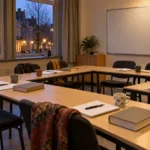 Pusta sala kursu językowego dla dorosłych we flamandzkim mieście, stoliki w podkowę z zeszytami i kubkami, za oknem ceglane kamienice