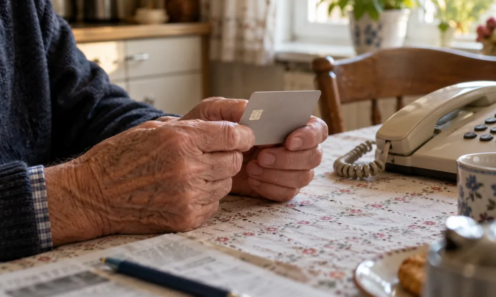 Dłonie starszego mężczyzny trzymające kartę bankową przy stole obok telefonu