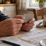 Dłonie starszego mężczyzny trzymające kartę bankową przy stole obok telefonu