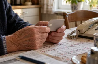 Dłonie starszego mężczyzny trzymające kartę bankową przy stole obok telefonu