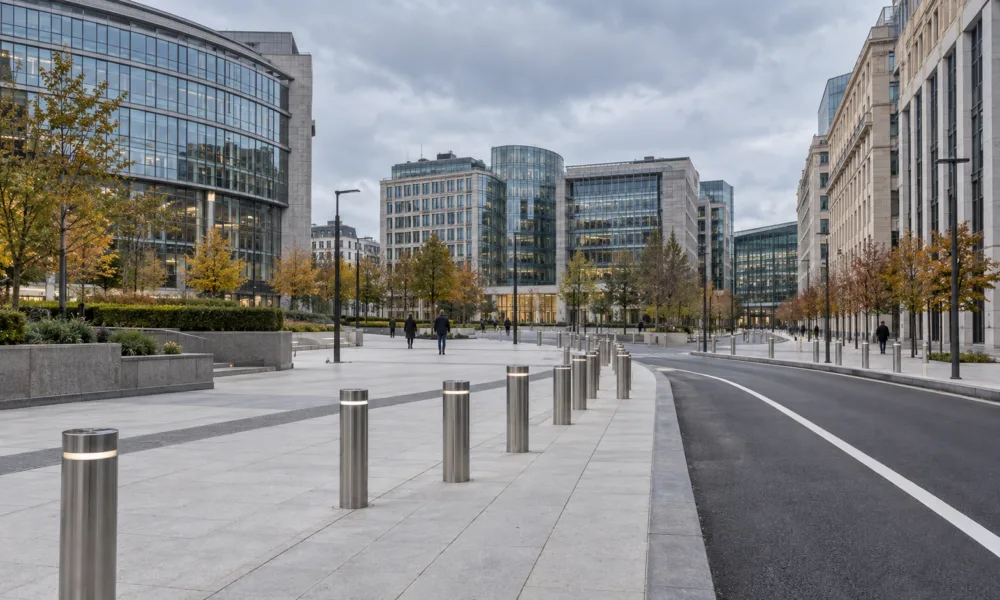 Przebudowany, pusty plac w dzielnicy europejskiej w Brukseli z betonową esplanadą, słupkami i pasem jezdni