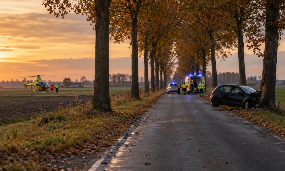 Wiejska droga obsadzona drzewami we Flandrii Zachodniej, rozbity samochód przy drzewie i służby ratunkowe - ilustracja SI