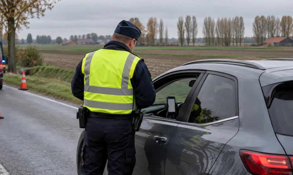 Policjant kontroluje kierowcę na wiejskiej drodze we Flandrii
