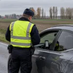 Policjant kontroluje kierowcę na wiejskiej drodze we Flandrii