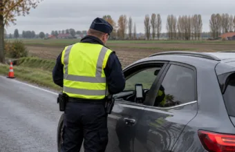 Policjant kontroluje kierowcę na wiejskiej drodze we Flandrii