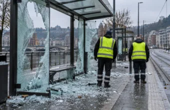 Zniszczona wiata przystanku tramwajowego i pracownicy oceniający szkody