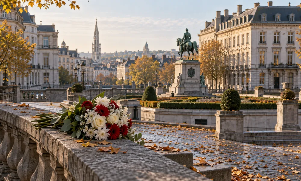 Historyczny plac w Brukseli z XIX-wiecznymi kamienicami, na balustradzie bukiet biało-czerwonych kwiatów