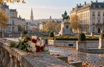 Historyczny plac w Brukseli z XIX-wiecznymi kamienicami, na balustradzie bukiet biało-czerwonych kwiatów