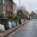 Niezabrane worki i pojemniki na śmieci przed szeregowymi domami we flamandzkim miasteczku, w tle zamknięta brama punktu zbiórki odpadów