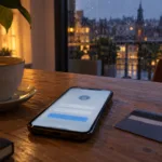 Smartfon z rozmytą stroną logowania i karta płatnicza na stole wieczorem, za oknem deszcz nad miastem