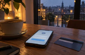 Smartfon z rozmytą stroną logowania i karta płatnicza na stole wieczorem, za oknem deszcz nad miastem