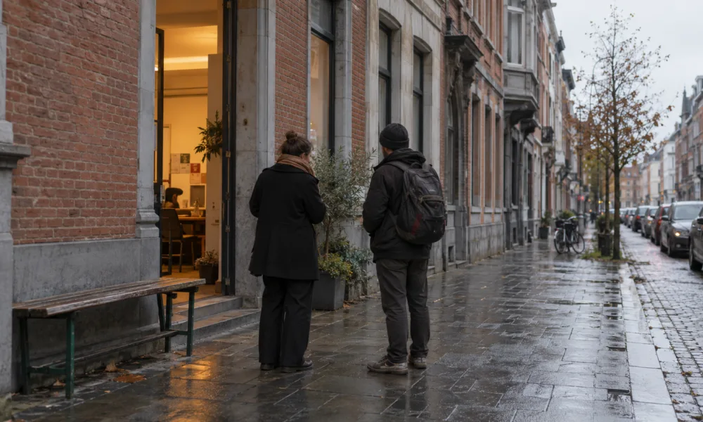 Wejście do punktu pomocy społecznej na ulicy w Antwerpii