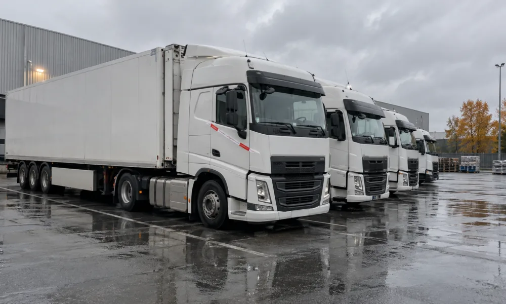Białe ciężarówki zaparkowane na placu firmy transportowej