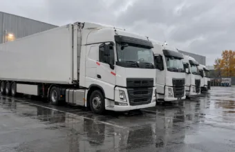 Białe ciężarówki zaparkowane na placu firmy transportowej