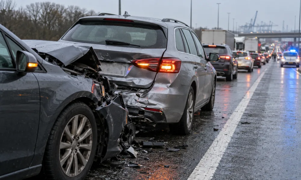 Rozbite samochody po zderzeniu w korku na autostradzie