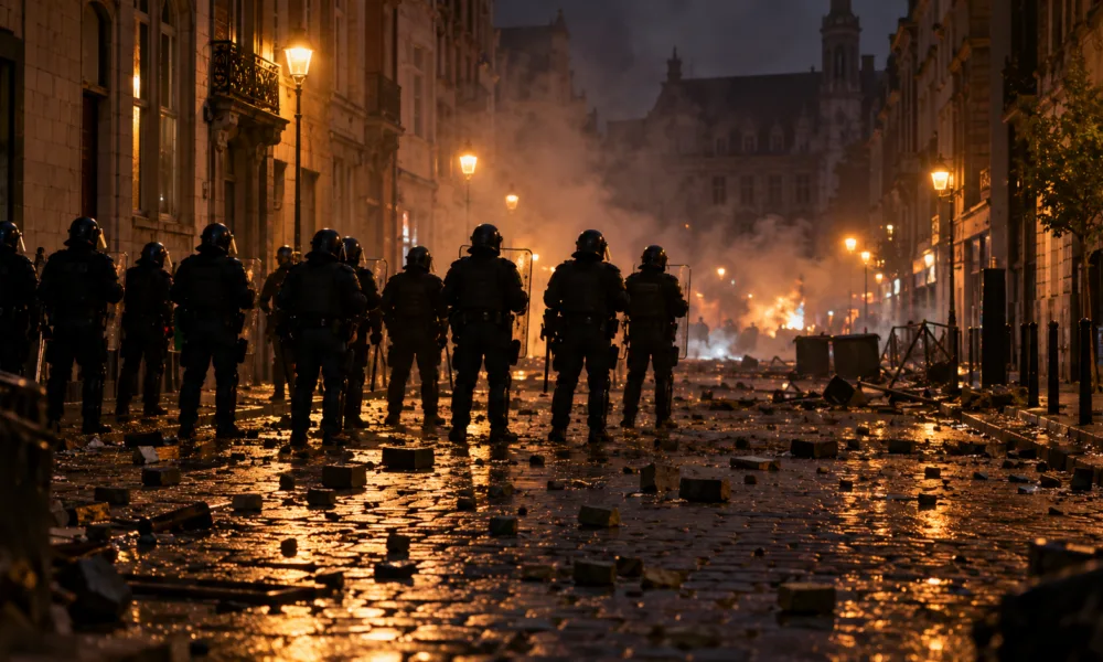Policjanci w kaskach i strojach ochronnych stoją tyłem na brukowanej ulicy pełnej kostek brukowych i dymu (wizualizacja SI)