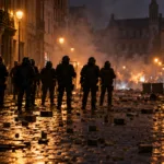 Policjanci w kaskach i strojach ochronnych stoją tyłem na brukowanej ulicy pełnej kostek brukowych i dymu (wizualizacja SI)