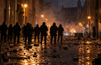 Policjanci w kaskach i strojach ochronnych stoją tyłem na brukowanej ulicy pełnej kostek brukowych i dymu (wizualizacja SI)