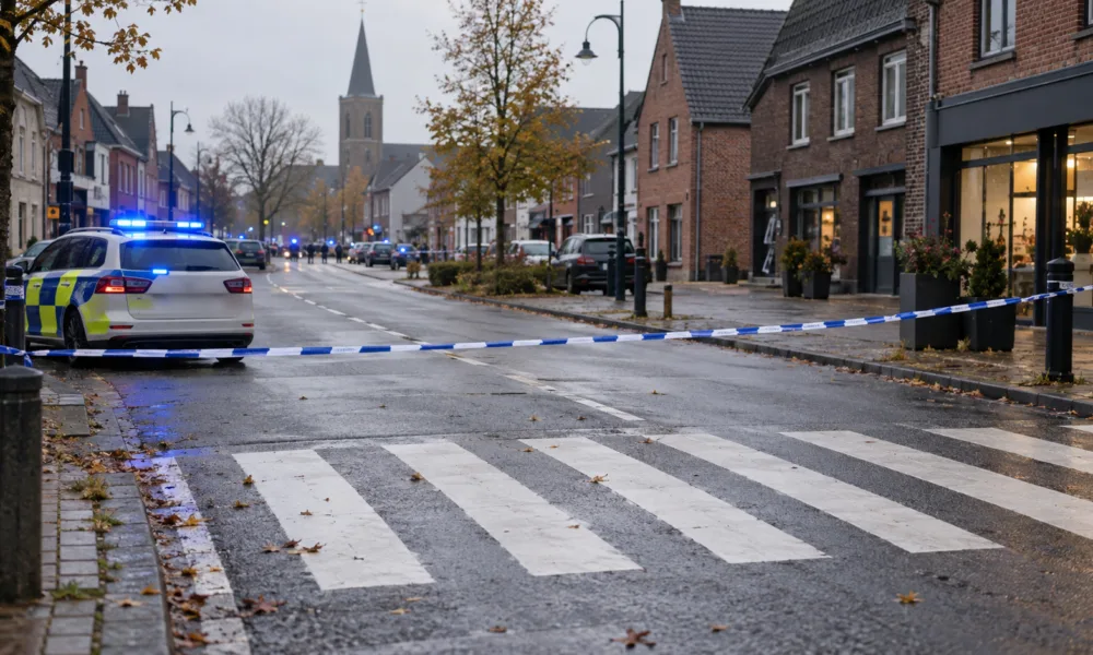 Przejście dla pieszych odgrodzone taśmą policyjną w centrum miejscowości