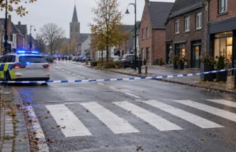 Przejście dla pieszych odgrodzone taśmą policyjną w centrum miejscowości