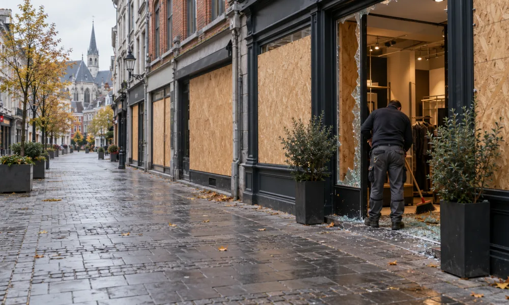 Zabite deskami witryny sklepów na deptaku w centrum Liège, sprzedawca zamiata szkło przed sklepem - wizualizacja