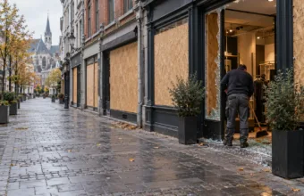 Zabite deskami witryny sklepów na deptaku w centrum Liège, sprzedawca zamiata szkło przed sklepem - wizualizacja