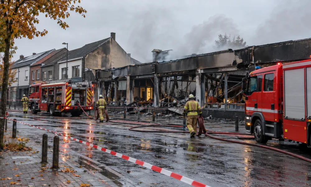 Spalony budynek supermarketu i wozy strażackie na ulicy we flamandzkim mieście - wizualizacja