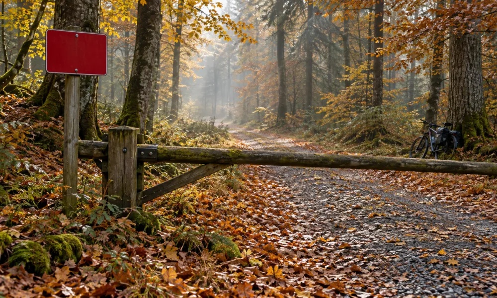 Jesienny las w Walonii z zamkniętym szlabanem i czerwoną tablicą przy leśnej drodze