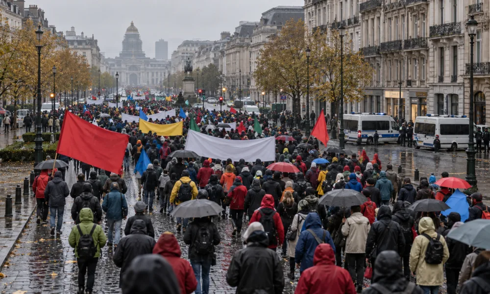 Manifestacja związkowa na bulwarze w Brukseli w deszczowy dzień - wizualizacja SI