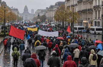 Manifestacja związkowa na bulwarze w Brukseli w deszczowy dzień - wizualizacja SI