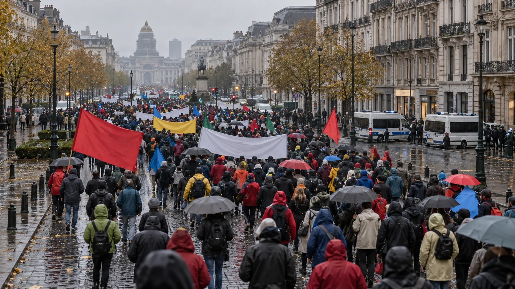 Manifestacja związkowa na bulwarze w Brukseli w deszczowy dzień - wizualizacja SI