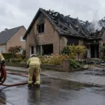 Spalony dach domu jednorodzinnego we Flandrii, strażacy zwijają wąż na mokrej ulicy - wizualizacja