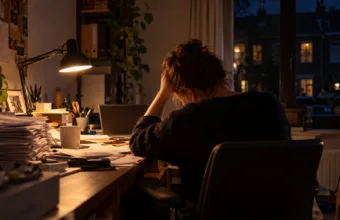 Przedsiębiorca wieczorem przy biurku z fakturami, zmęczony, z głową opartą na dłoni - wizualizacja