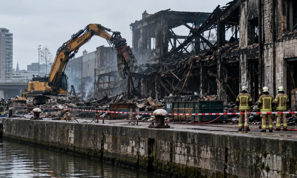 Stabilność spalonego budynku przy quai de Mariemont na Molenbeek zagrożona – ciężki sprzęt dogasza ostatnie ognisko