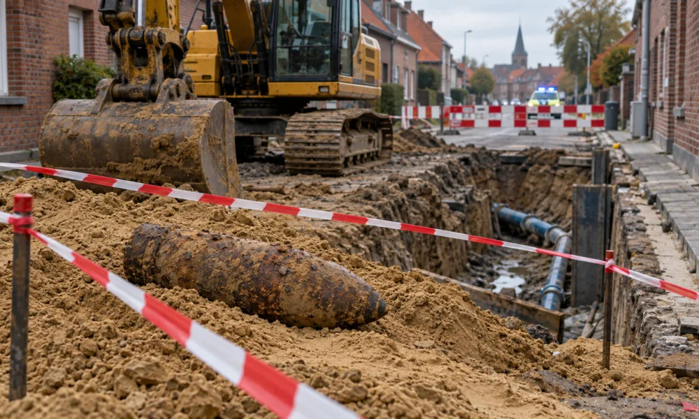 Pocisk artyleryjski z I wojny światowej na piasku przy wykopie na budowie we flamandzkiej wsi