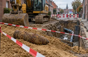 Pocisk artyleryjski z I wojny światowej na piasku przy wykopie na budowie we flamandzkiej wsi