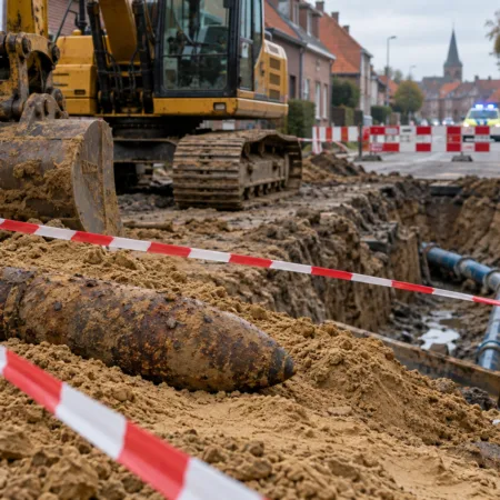 Pocisk artyleryjski z I wojny światowej na piasku przy wykopie na budowie we flamandzkiej wsi