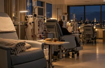 Sala dializ w szpitalu wieczorem, fotele i aparaty do hemodializy