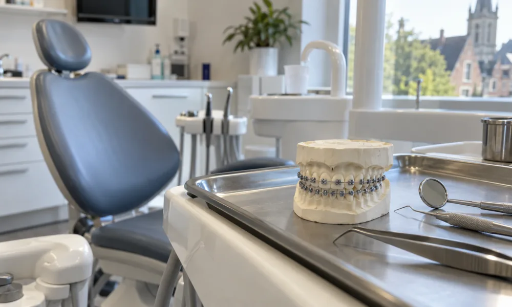 Pusty fotel dentystyczny i model szczęki z aparatem ortodontycznym w gabinecie stomatologicznym