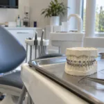 Pusty fotel dentystyczny i model szczęki z aparatem ortodontycznym w gabinecie stomatologicznym