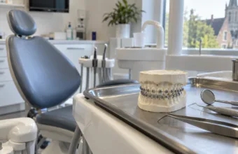 Pusty fotel dentystyczny i model szczęki z aparatem ortodontycznym w gabinecie stomatologicznym